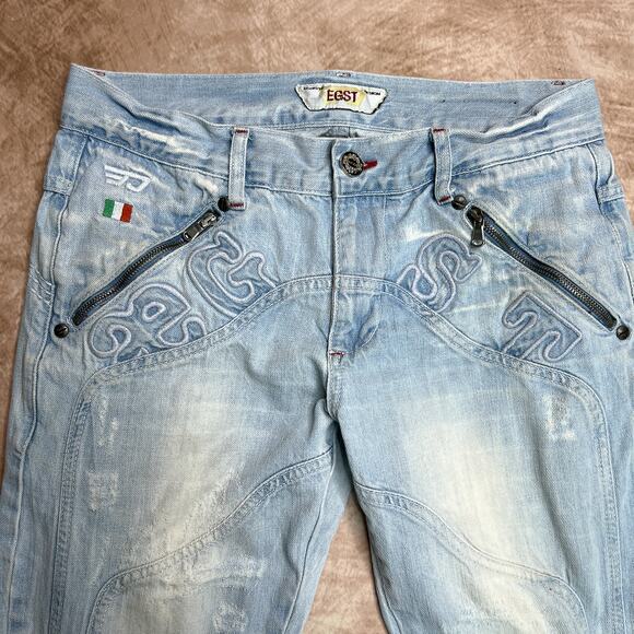 EGST Egoiste Design Low Rise Embroidered Distressed Jeans Light Wash Denim Euro - Picture 9 of 12